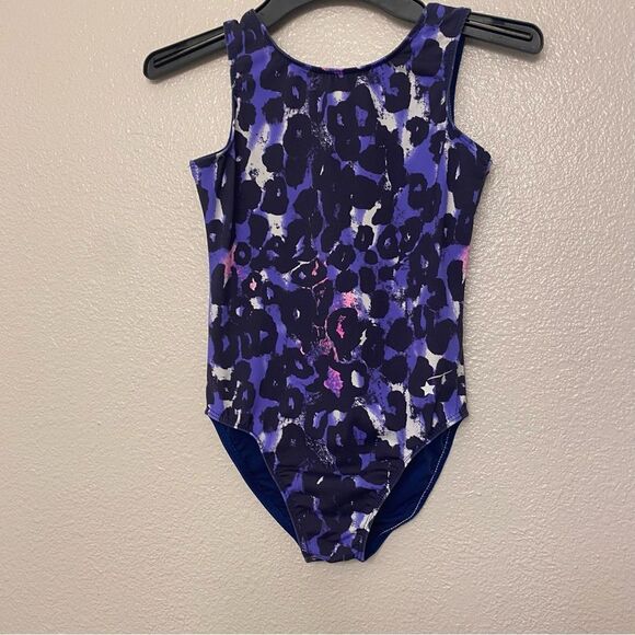 Destira elite gymnastics tank blue sleeveless animal print leotard large child L - Picture 1 of 7